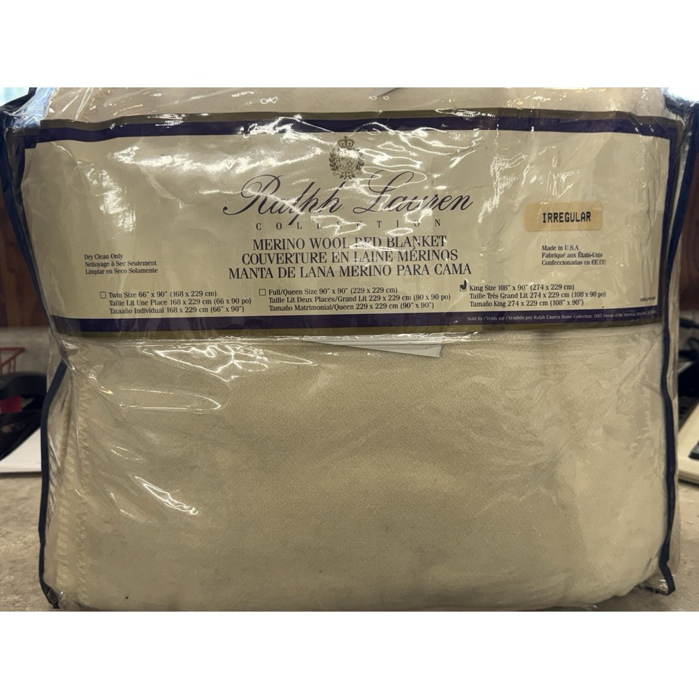 Vintage RALPH LAUREN 100% Wool Bed Blanket Cream New USA King 108 X 90 Read